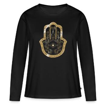 Hamsa Main d’or Fatima - T-shirt manches longues Premium bio Femme - noir - Devant - Julia (174cm)