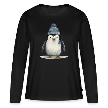 T-shirt pingouin chiot : Adorable espièglerie de l’Antarctique - T-shirt manches longues Premium bio Femme - noir - Devant - Julia (174cm)