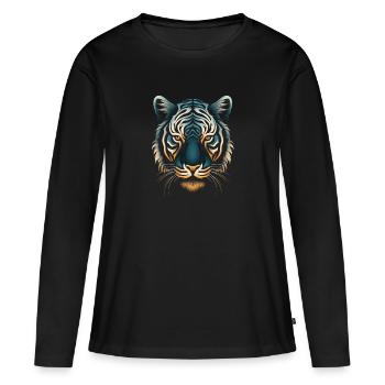 Captivant Op Art Tiger en bleu et ocre - T-shirt manches longues Premium bio Femme - noir - Devant - Julia (174cm)
