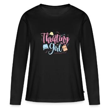 Thrift Shopper Thrifting Girl Thrift Store - Women's Premium Organic Long Sleeve Shirt - black - Front - Julia (174cm)