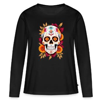 Mexikanischer Schädel Zuckerschädel Calavera Blüten - Frauen Premium Bio Langarmshirt - Schwarz - Vorne - Julia (174cm)