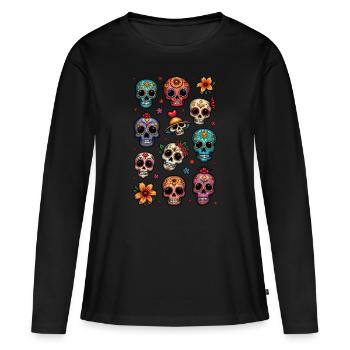Tête de mort mexicaine - sugar skull - doodle - T-shirt manches longues Premium bio Femme - noir - Devant - Julia (174cm)