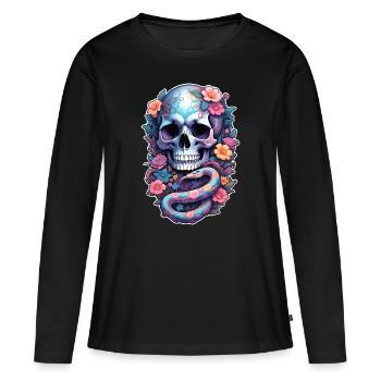 Totenschädel bunte Schlange, Blumen, Farbe - Frauen Premium Bio Langarmshirt - Schwarz - Vorne - Julia (174cm)