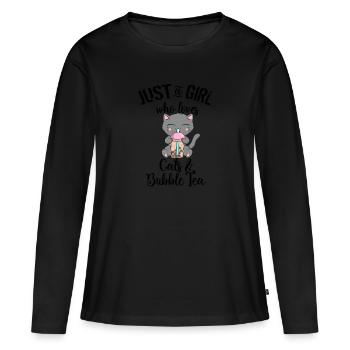 Just a Girl who loves Cats and Bubble Tea - Frauen Premium Bio Langarmshirt - Schwarz - Vorne - Julia (174cm)