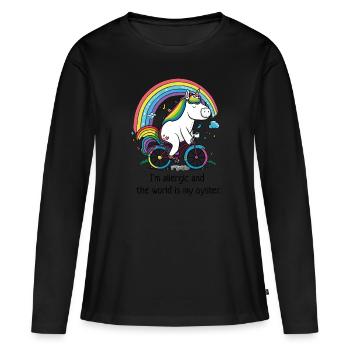 Einhorn auf dem Fahrrad mit Spruch "allergic" - Frauen Premium Bio Langarmshirt - Schwarz - Vorne - Julia (174cm)