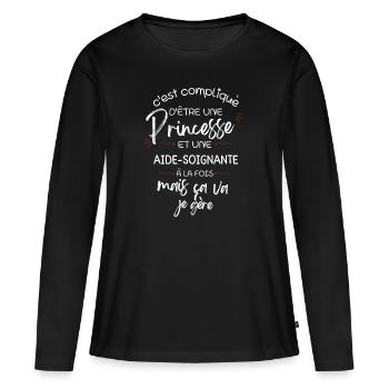 T-shirt Princesse Aide Soignante - cadeau drôle - T-shirt manches longues Premium bio Femme - noir - Devant - Julia (174cm)