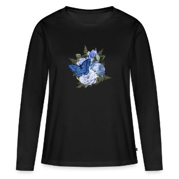 Blauer Schmetterling auf herrlichem blauen Blumenstrauß - Frauen Premium Bio Langarmshirt - Schwarz - Vorne - Julia (174cm)