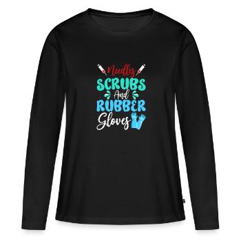 Aiguilles Frotte Gants en caoutchouc Phlébotomiste Infirmière - T-shirt manches longues Premium bio Femme - noir - Devant - Julia (174cm)