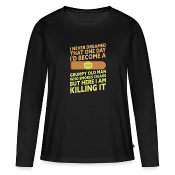 Vieux homme grincheux qui fume des cigares Drôle de cigare - T-shirt manches longues Premium bio Femme - noir - Devant - Julia (174cm)