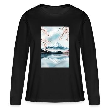 Fuji-Berg und Kirschblüten - Frauen Premium Bio Langarmshirt - Schwarz - Vorne - Julia (174cm)