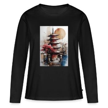 Zen-Sonne-Aquarellpagode - Frauen Premium Bio Langarmshirt - Schwarz - Vorne - Julia (174cm)