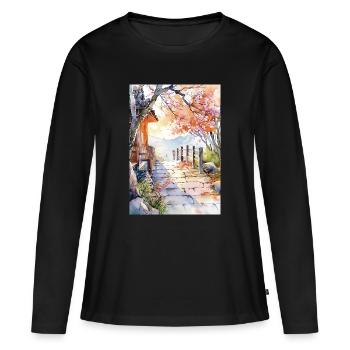 Blumenpfad in Aquarell - Frauen Premium Bio Langarmshirt - Schwarz - Vorne - Julia (174cm)