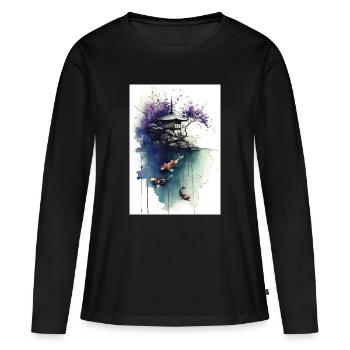 Aquarell-Koi und Kirschpagode - Frauen Premium Bio Langarmshirt - Schwarz - Vorne - Julia (174cm)