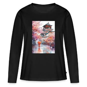 Japanische Pagode und Kirschblüten - Frauen Premium Bio Langarmshirt - Schwarz - Vorne - Julia (174cm)