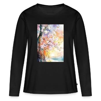 Kirschbäume in Aube Aquarell - Frauen Premium Bio Langarmshirt - Schwarz - Vorne - Julia (174cm)