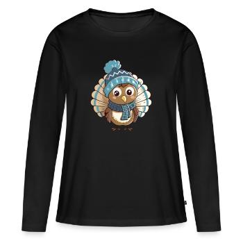 Dinde mignonne avec écharpe et chapeau à pompon. - T-shirt manches longues Premium bio Femme - noir - Devant - Julia (174cm)