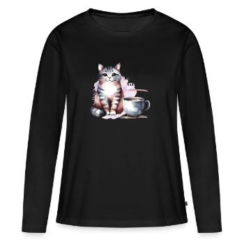 Kaffee und Katzen - Frauen Premium Bio Langarmshirt - Schwarz - Vorne - Julia (174cm)