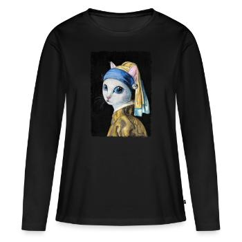 Chat avec une boucle d'oreille perle - T-shirt manches longues Premium bio Femme - noir - Devant - Julia (174cm)