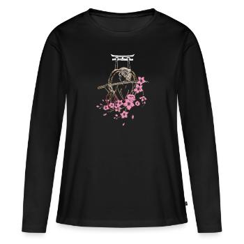 Samouraï japonais aux fleurs de cerisier et sakura - T-shirt manches longues Premium bio Femme - noir - Devant - Julia (174cm)