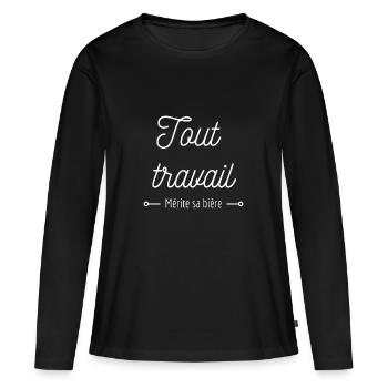 Tout travail mérite sa bière alcool - T-shirt manches longues Premium bio Femme - noir - Devant - Julia (174cm)