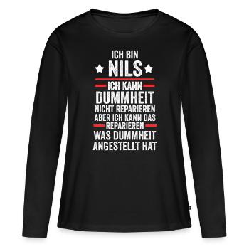 Nils - Frauen Premium Bio Langarmshirt - Schwarz - Vorne - Julia (174cm)