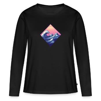 vague, paysage hokusai, style rétro, mer japonaise - T-shirt manches longues Premium bio Femme - noir - Devant - Julia (174cm)