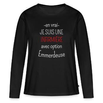 Infirmière avec Option Emmerdeuse - T-shirt manches longues Premium bio Femme - noir - Devant - Julia (174cm)