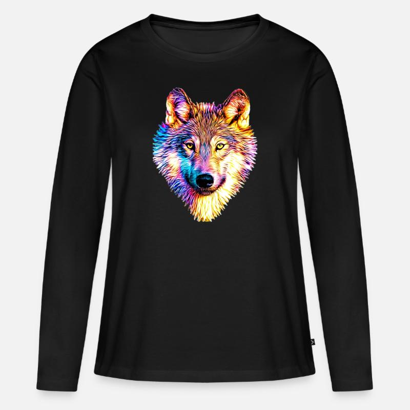 Wolf in Regenbogenflammen - Frauen Premium Bio Langarmshirt - Schwarz