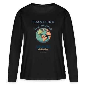 Carte de voyage du monde Carte de vacances Itinéraire de voyage - T-shirt manches longues Premium bio Femme - noir - Devant - Julia (174cm)
