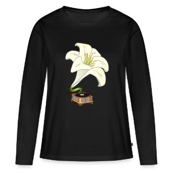 Le lys comme gramophone – Design floral nostalgique - T-shirt manches longues Premium bio Femme - noir - Devant - Julia (174cm)