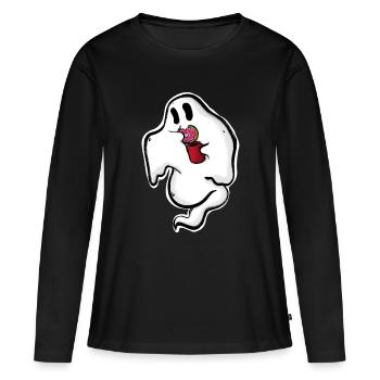 Fantôme avec un donut et une tasse - T-shirt manches longues Premium bio Femme - noir - Devant - Julia (174cm)