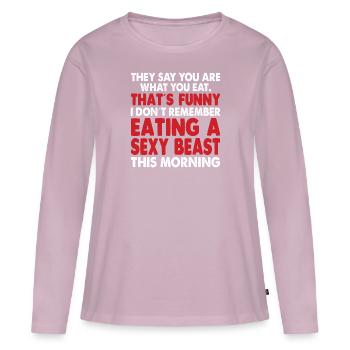 Dire drôle, confiance en soi et ironie de soi - T-shirt manches longues Premium bio Femme - rose poudré - Devant - Julia (174cm)