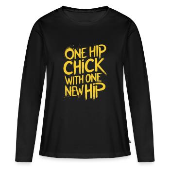 Humorous and proud – new hips, new happiness - Women's Premium Organic Long Sleeve Shirt - black - Front - Julia (174cm)