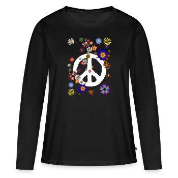 Hippie Flower Power Peace & Power Unisex - Frauen Premium Bio Langarmshirt - Schwarz - Vorne - Julia (174cm)