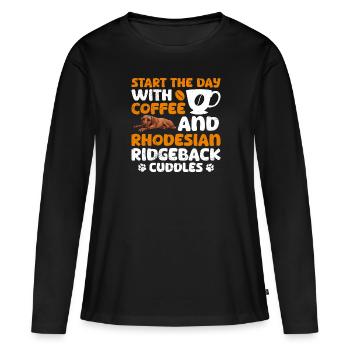 Ridgeback STARTE DEN TAG MIT KAFFEE UND RIDGEBACK - Frauen Premium Bio Langarmshirt - Schwarz - Vorne - Julia (174cm)