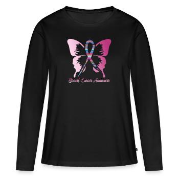 Papillon du cancer du sein - T-shirt manches longues Premium bio Femme - noir - Devant - Julia (174cm)