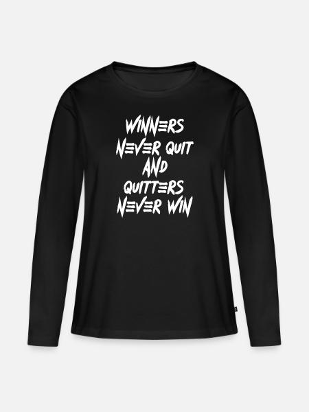 Los ganadores nunca dejan de decir texto de fuente en inglés - Camiseta ecológica prémium de manga larga para mujer - negro