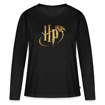 Harry Potter Logo Gold - Frauen Premium Bio Langarmshirt - Schwarz - Vorne - Julia (174cm)