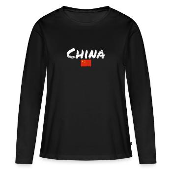Chine Vintage Drapeau chinois Chinois - T-shirt manches longues Premium bio Femme - noir - Devant - Julia (174cm)