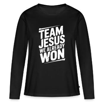 L’équipe Jésus que nous avons déjà gagnée - T-shirt manches longues Premium bio Femme - noir - Devant - Julia (174cm)