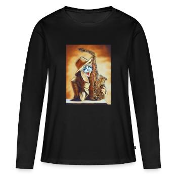 Chat qui joue du Saxo - T-shirt manches longues Premium bio Femme - noir - Devant - Julia (174cm)