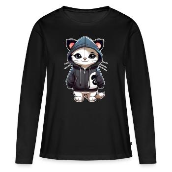 Chat cool avec sweat à capuche - T-shirt manches longues Premium bio Femme - noir - Devant - Julia (174cm)