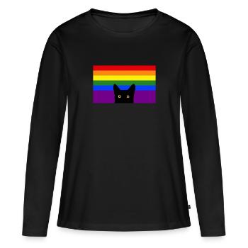 Chat jetant un coup d’œil sur le drapeau arc-en-ciel - T-shirt manches longues Premium bio Femme - noir - Devant - Julia (174cm)