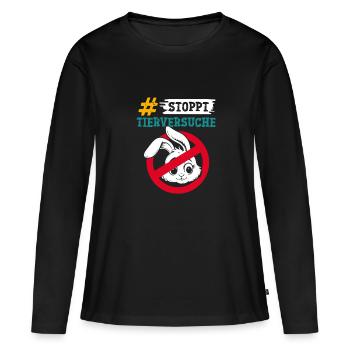 Tierschutz STOPPT TIERVERSUCHE GEGEN VERSUCHE - Frauen Premium Bio Langarmshirt - Schwarz - Vorne - Julia (174cm)