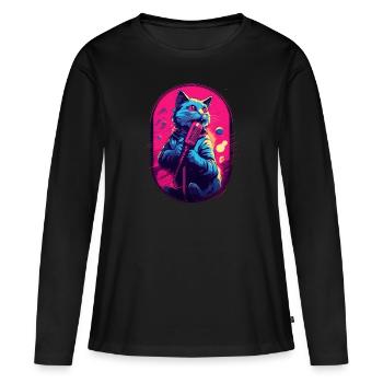Singende Katze Mikrofon - Frauen Premium Bio Langarmshirt - Schwarz - Vorne - Julia (174cm)