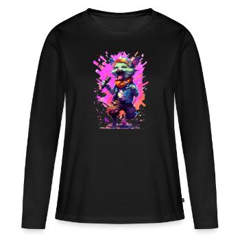 Singende Katze mit Mikrofon - Frauen Premium Bio Langarmshirt - Schwarz - Vorne - Julia (174cm)