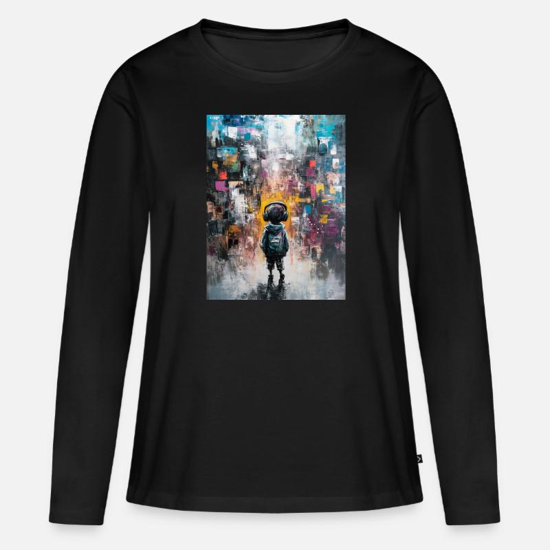 Kind mit Kopfhörern schaut ins Abstrakte - Frauen Premium Bio Langarmshirt - Schwarz