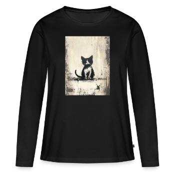 Katze Silhouette Zeichnung Leinwand - Banksy Style - Frauen Premium Bio Langarmshirt - Schwarz - Vorne - Julia (174cm)