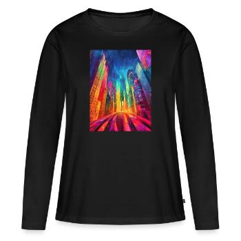 Straße - Stadt - bunt - Hochhäuser - Abstrakt - Frauen Premium Bio Langarmshirt - Schwarz - Vorne - Julia (174cm)