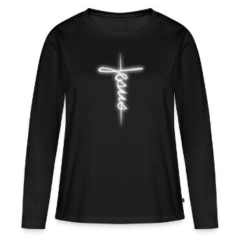 JESUS KREUZ UNTERSCHRIFT - Frauen Premium Bio Langarmshirt - Schwarz - Vorne - Julia (174cm)